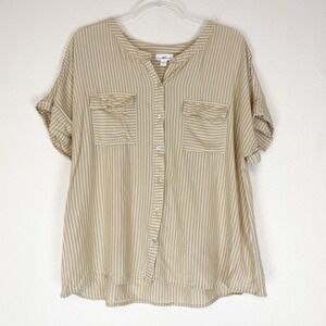 J. Jill Womens XL Tan White Striped Rayon Button Up Blouse Pockets Flowy Top
